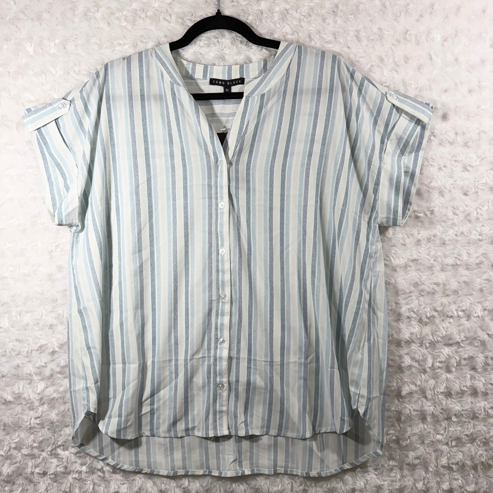 Como Black Womens Size XL Blue White Striped Short Sleeve Button Down Blouse NEW